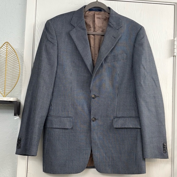 Joseph Abboud Blue Silk Wool Blazer Micro-Houndstooth 38R
